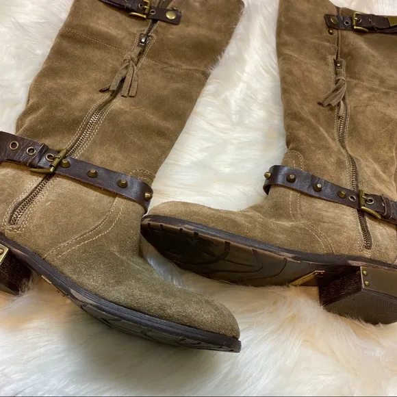 Very Volatile Suede Emperor Brown Gold Plated Knee High Zip Riding Boots