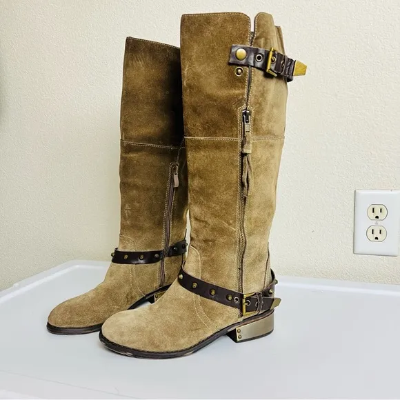 Very Volatile Suede Emperor Brown Gold Plated Knee High Zip Riding Boots