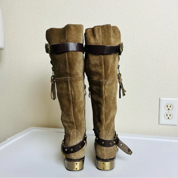 Very Volatile Suede Emperor Brown Gold Plated Knee High Zip Riding Boots