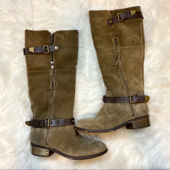 Very Volatile Suede Emperor Brown Gold Plated Knee High Zip Riding Boots
