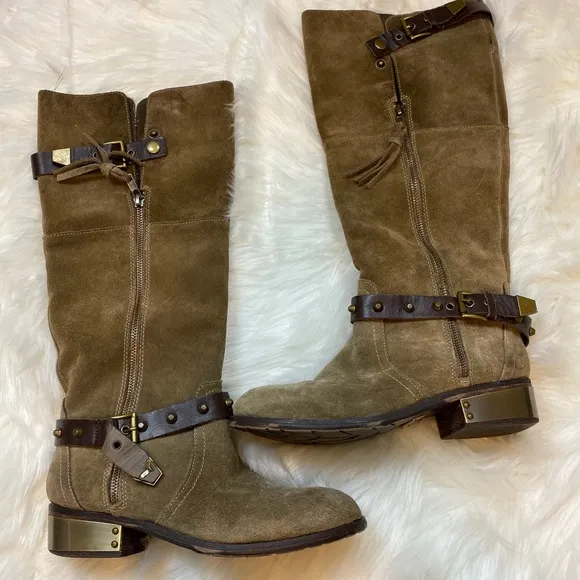 Very Volatile Suede Emperor Brown Gold Plated Knee High Zip Riding Boots