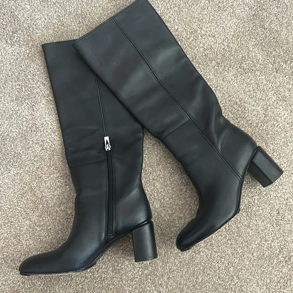 Via Spiga Black Leather Chunky Heeled Tall Boots Sz 5