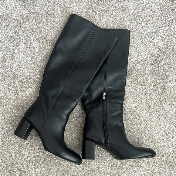 Via Spiga Black Leather Chunky Heeled Tall Boots Sz 5
