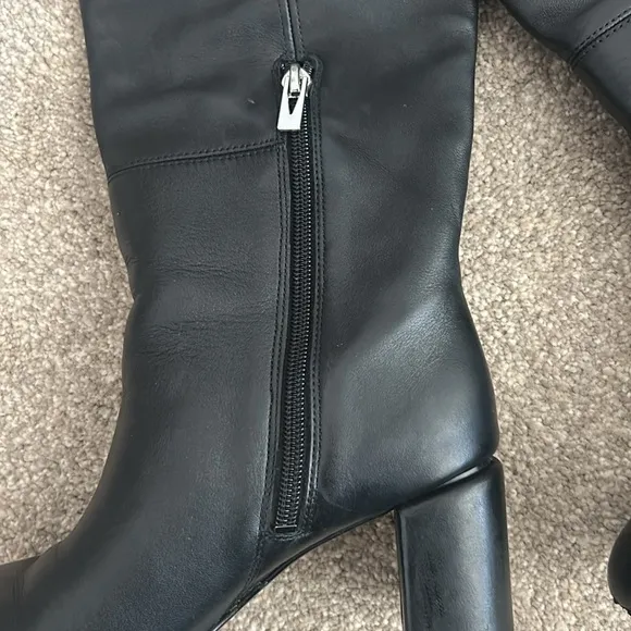 Via Spiga Black Leather Chunky Heeled Tall Boots Sz 5