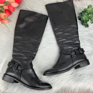 VIA SPIGA Black Leather Knee High Studded Harness Riding Boots