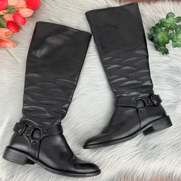 VIA SPIGA Black Leather Knee High Studded Harness Riding Boots