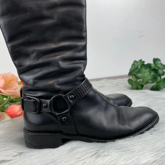 VIA SPIGA Black Leather Knee High Studded Harness Riding Boots