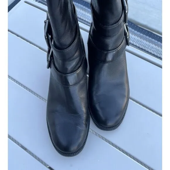 Via Spiga Double Buckle Leather Riding Boots - Size 10- Black