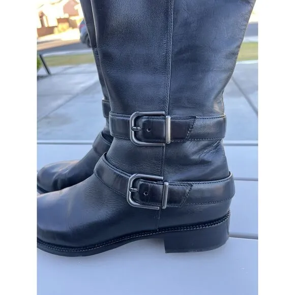 Via Spiga Double Buckle Leather Riding Boots - Size 10- Black
