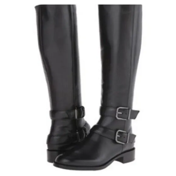 Via Spiga Double Buckle Leather Riding Boots - Size 10- Black