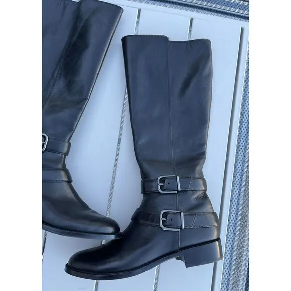 Via Spiga Double Buckle Leather Riding Boots - Size 10- Black