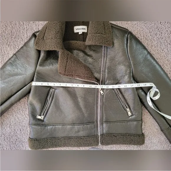 Vigoss Forest GreenFaux Leather Sherpa-Lined Biker Jacket Size Small NWT