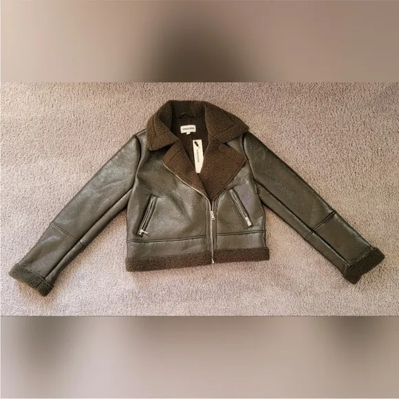 Vigoss Forest GreenFaux Leather Sherpa-Lined Biker Jacket Size Small NWT