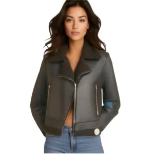 Vigoss Forest GreenFaux Leather Sherpa-Lined Biker Jacket Size Small NWT