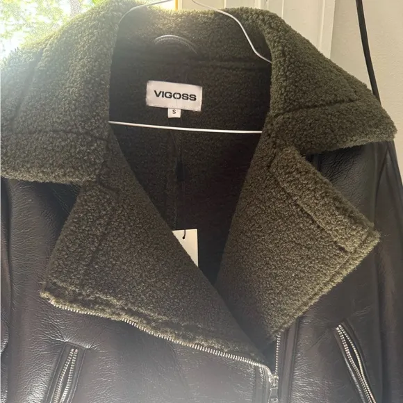 Vigoss Forest GreenFaux Leather Sherpa-Lined Biker Jacket Size Small NWT