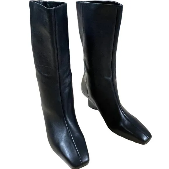 Vince Black Leather Beverly Square Toe Wedge Heel Boots Women's Size 6.5 NWOB