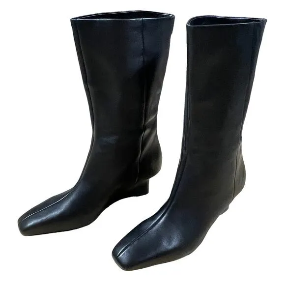 Vince Black Leather Beverly Square Toe Wedge Heel Boots Women's Size 6.5 NWOB