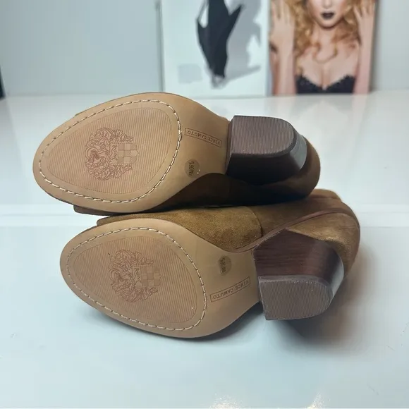 Vince Camuto Brown Leather suede Heeled Boots w/Chunky Heel and Peep-Toe Design