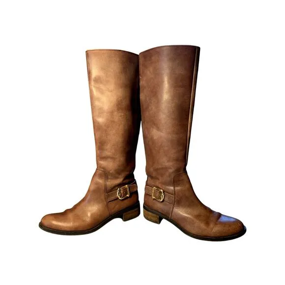Vince Camuto Brown Leather Tall Buckled Riding Boots Size 8