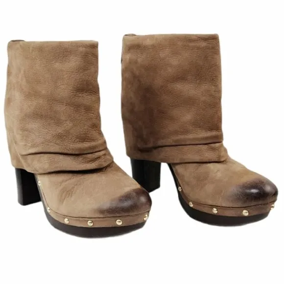 Vince Camuto Distressed Leather CoCo Fold-Over Cuffed Top Clog Booties Size 10