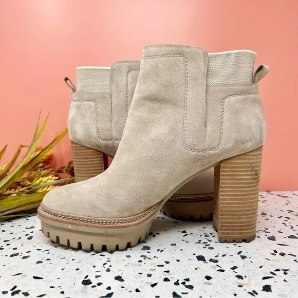 Vince Camuto Erinia Taupe Lug Sole Leather Suede Midi Heeled Women’s Boots Sz 10