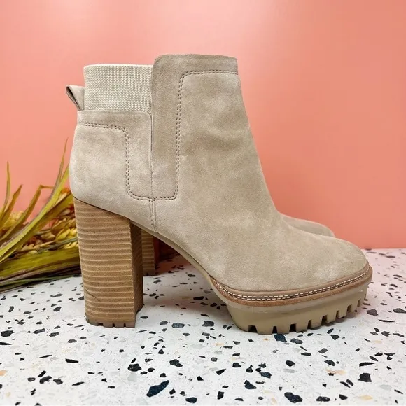 Vince Camuto Erinia Taupe Lug Sole Leather Suede Midi Heeled Women’s Boots Sz 10