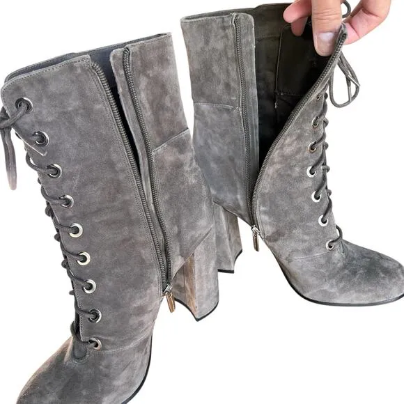 Vince Camuto Gray Suede Leather Boots Womens 10 Witchy Granny Goth Victorian SEE