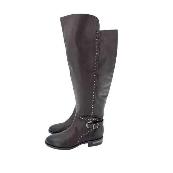 Vince Camuto Poppidal Boots Studded Brown Leather Tall Riding Boot SZ 6 New