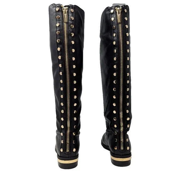 Vince Camuto Riding Boots Black Leather Gold Studded Parshell Women's Size 7.5 M