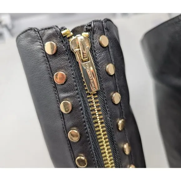 Vince Camuto Riding Boots Black Leather Gold Studded Parshell Women's Size 7.5 M