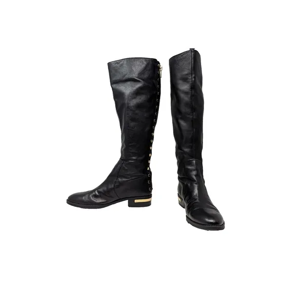Vince Camuto Riding Boots Black Leather Gold Studded Parshell Women's Size 7.5 M