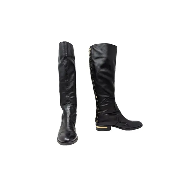 Vince Camuto Riding Boots Black Leather Gold Studded Parshell Women's Size 7.5 M
