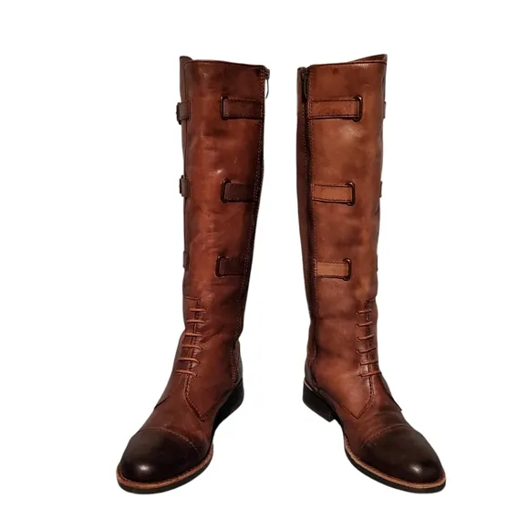 Vince Camuto Rustic Brown Leather Zip Knee-High Moto Riding Boots Women's 6B