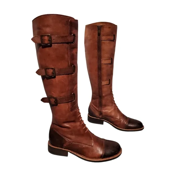 Vince Camuto Rustic Brown Leather Zip Knee-High Moto Riding Boots Women's 6B