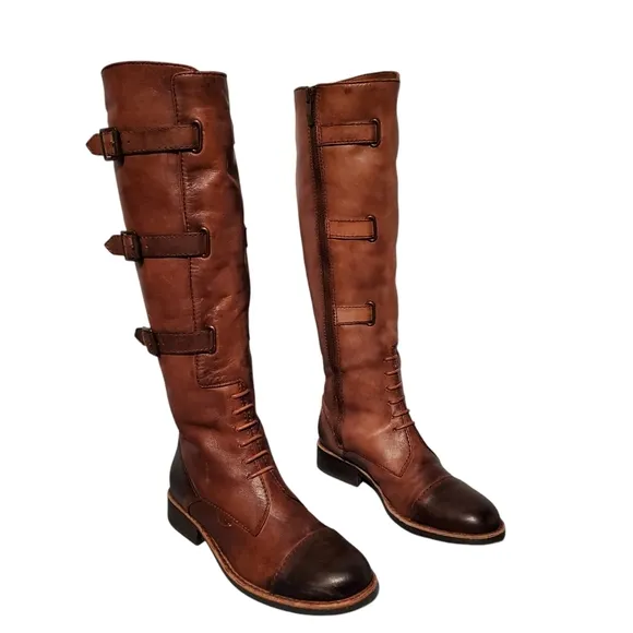 Vince Camuto Rustic Brown Leather Zip Knee-High Moto Riding Boots Women's 6B