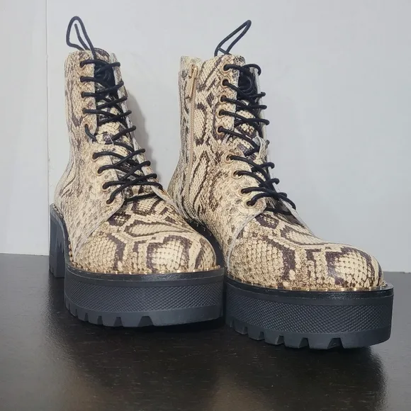 Vince Camuto Women's Mecale Natural Snake Chunky Heel Combat Booties, Size 6M
