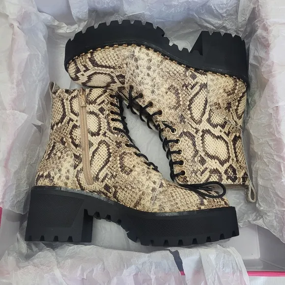 Vince Camuto Women's Mecale Natural Snake Chunky Heel Combat Booties, Size 6M
