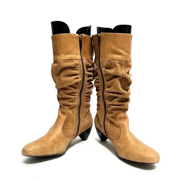 Vintage 1990s tan suede leather accent mid calf zip up slouch boots