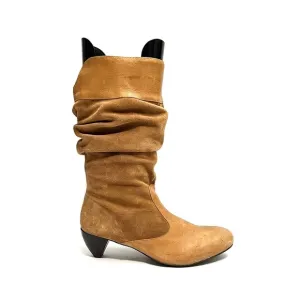 Vintage 1990s tan suede leather accent mid calf zip up slouch boots