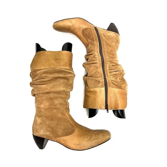 Vintage 1990s tan suede leather accent mid calf zip up slouch boots