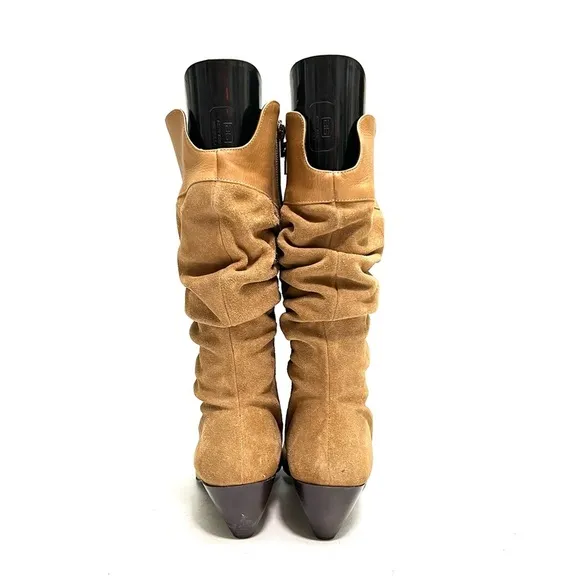 Vintage 1990s tan suede leather accent mid calf zip up slouch boots