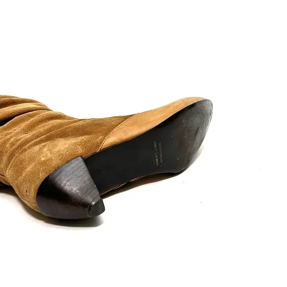 Vintage 1990s tan suede leather accent mid calf zip up slouch boots