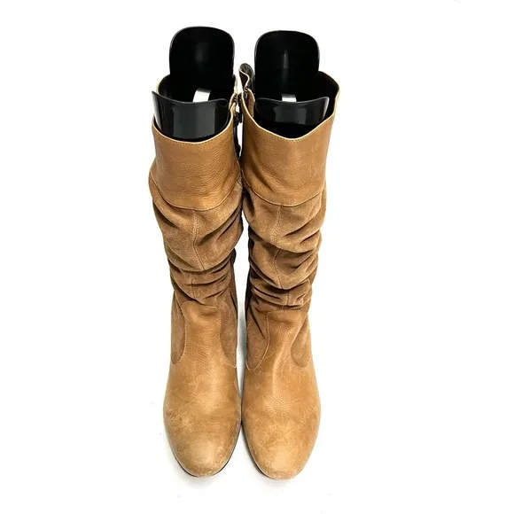 Vintage 1990s tan suede leather accent mid calf zip up slouch boots