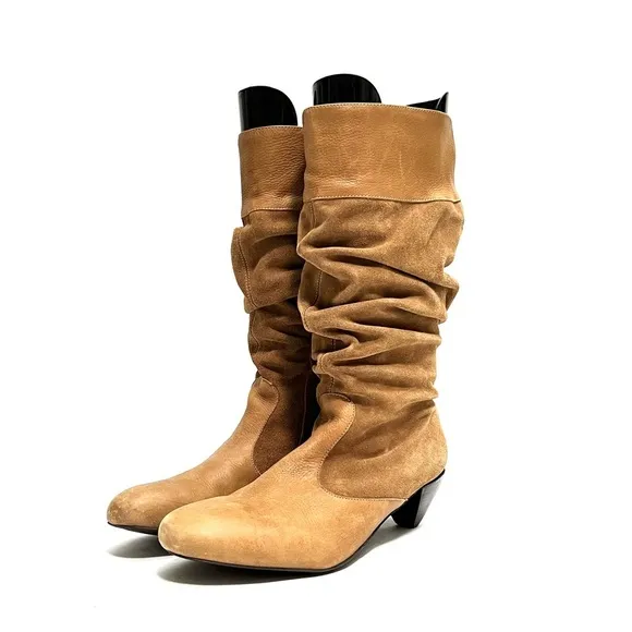 Vintage 1990s tan suede leather accent mid calf zip up slouch boots