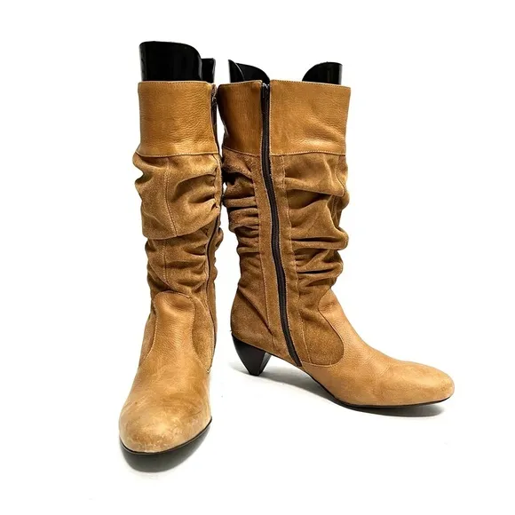 Vintage 1990s tan suede leather accent mid calf zip up slouch boots