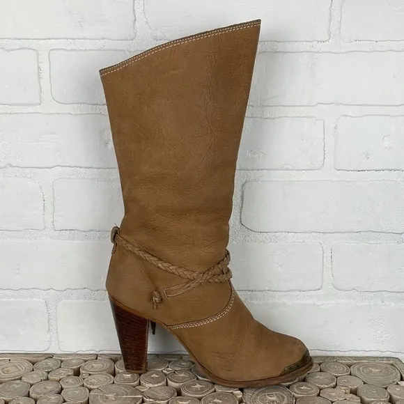 Vintage 70’s Zodiac USA Tan Suede Western Chunky Wooden Heel Cowgirl Boots 5