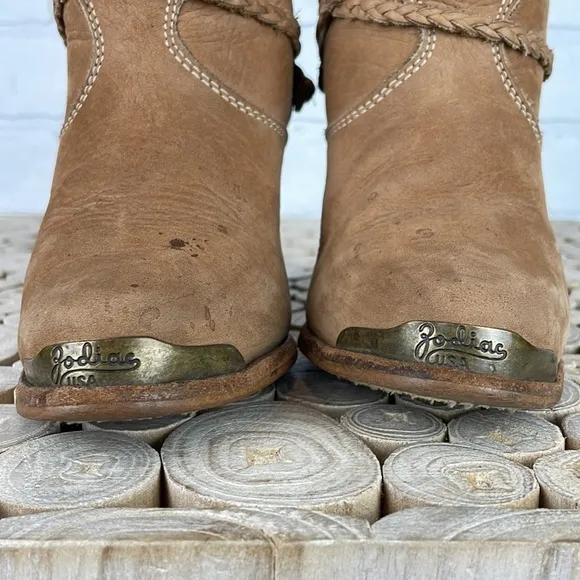 Vintage 70’s Zodiac USA Tan Suede Western Chunky Wooden Heel Cowgirl Boots 5