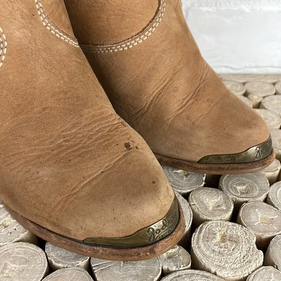Vintage 70’s Zodiac USA Tan Suede Western Chunky Wooden Heel Cowgirl Boots 5