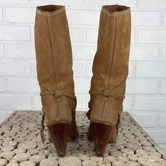 Vintage 70’s Zodiac USA Tan Suede Western Chunky Wooden Heel Cowgirl Boots 5