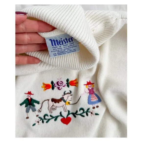 Vintage 80s David Meister Swiss/Austrian Embroidered Novelty Turtleneck Sweater